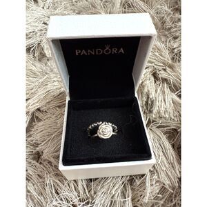 Pandora Set of 2 Sterling Silver Rings Hearts and Rose Flower Pink Size 5.5